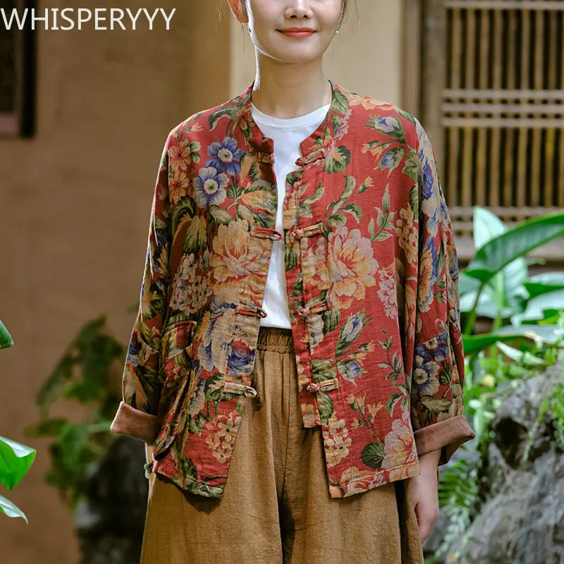 Cotton and Hemp Top Women's Retro Chinese Style Shirt Old Cloth Printed Top Long-sleeved Flower Coat Chinese Blouse Women