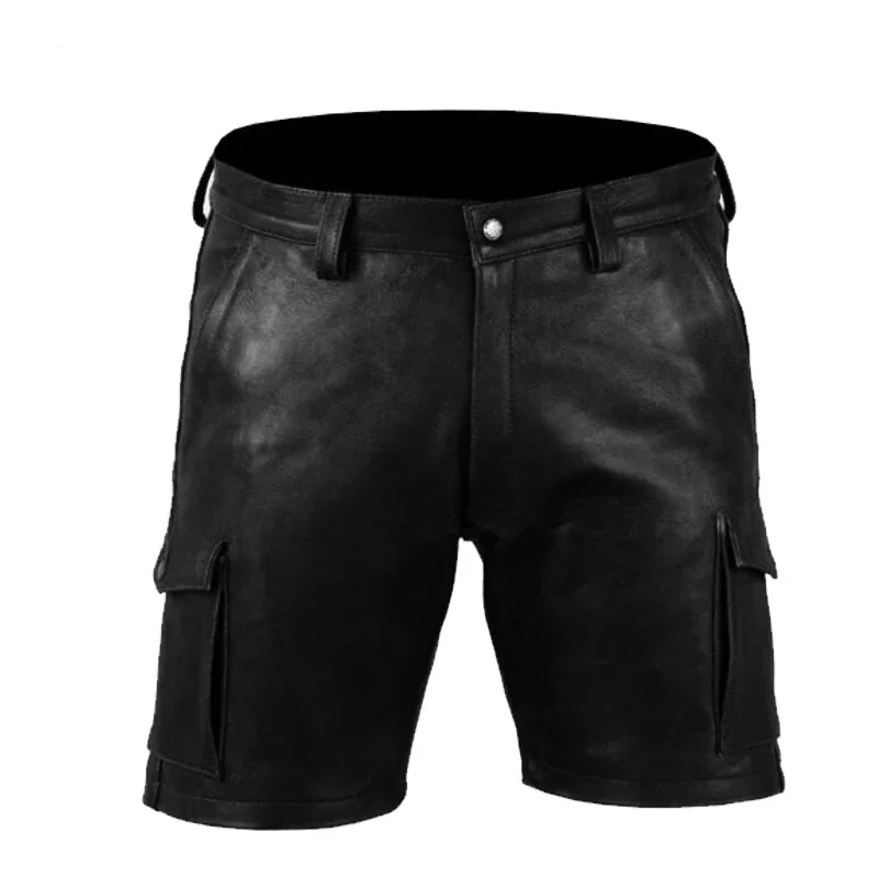 2023 Men's Real Cowhide Leather Cargo Shorts Black Cargo Pockets Shorts With Belt men shorts