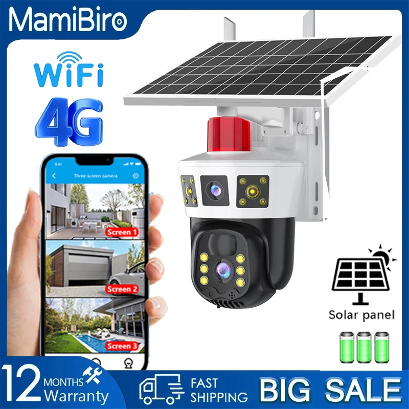 

MamiBiro V360 Pro 4G SIM Solar CCTV Three Shots PTZ Outdoor Wireless 4K 12MP Full Color Bidirectional Call CCTV Security Camera