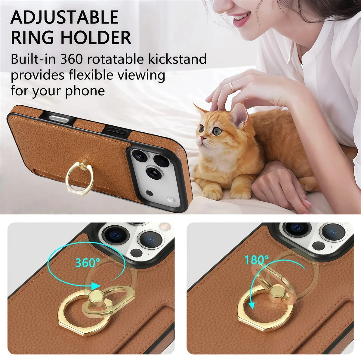 Leather Wallet Card Slot Phone Case with Ring Holder Protective Cover