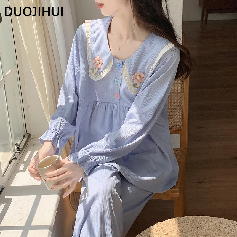 

DUOJIHUI Classic 4-colors Autumn New Casual Home Pajamas for Women Sweet Chic Button Top Simple Pant Fashion Female Pajamas Set