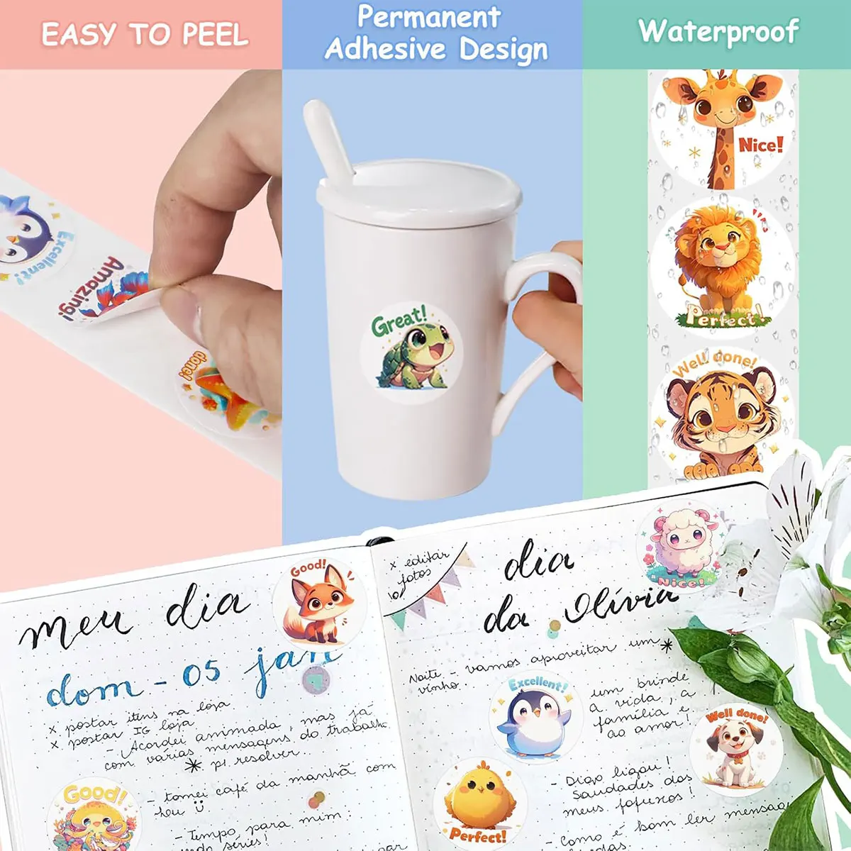 1/3 롤 어린이 스티커 500/1500pcs 대량 귀여운 농장 바다 야생 동물 스티커 동기 부여 문구 보상 스티커 학교 용품