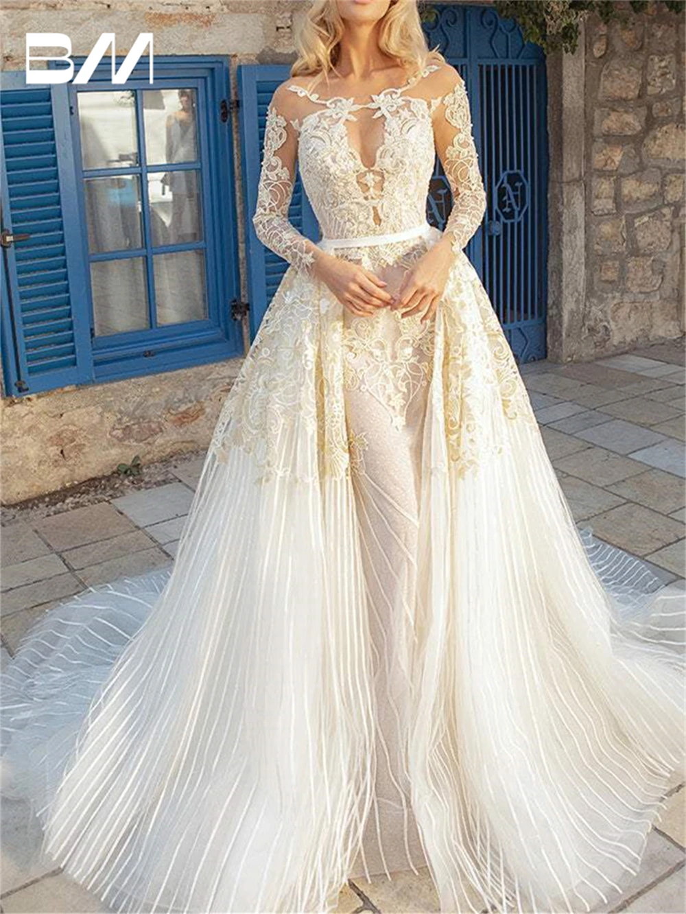 

Two Pieces Long Sleeve Bride Wedding Gown Mermaid Lace Appliques Wedding Dresses For Women Custom Made Robe De Mariee