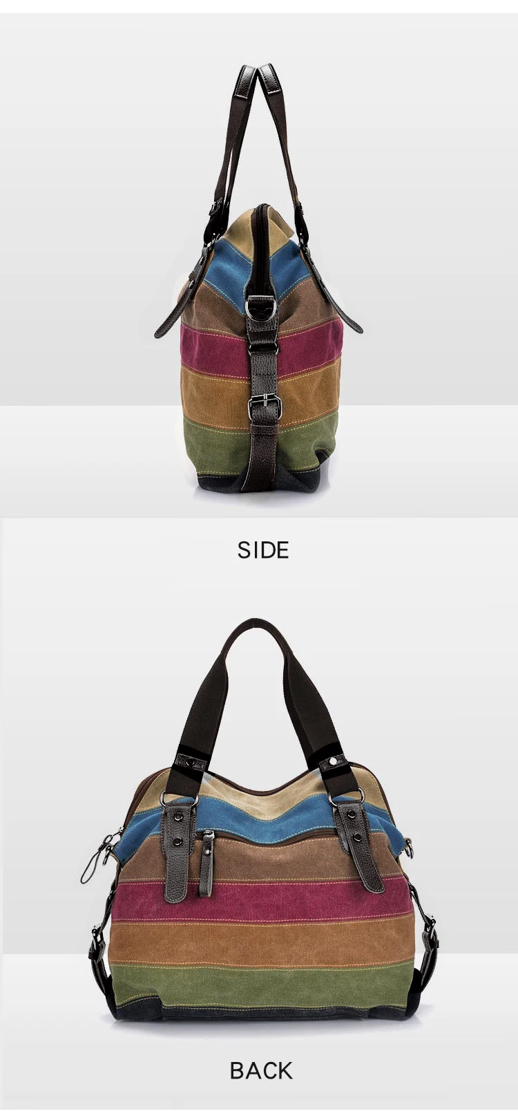 Damen-Modehandtasche, Patchwork-Regenbogen-Schultertasche aus Segeltuch, große Kapazität, Reisetasche, Weihnachtsgeschenk – Detail 9