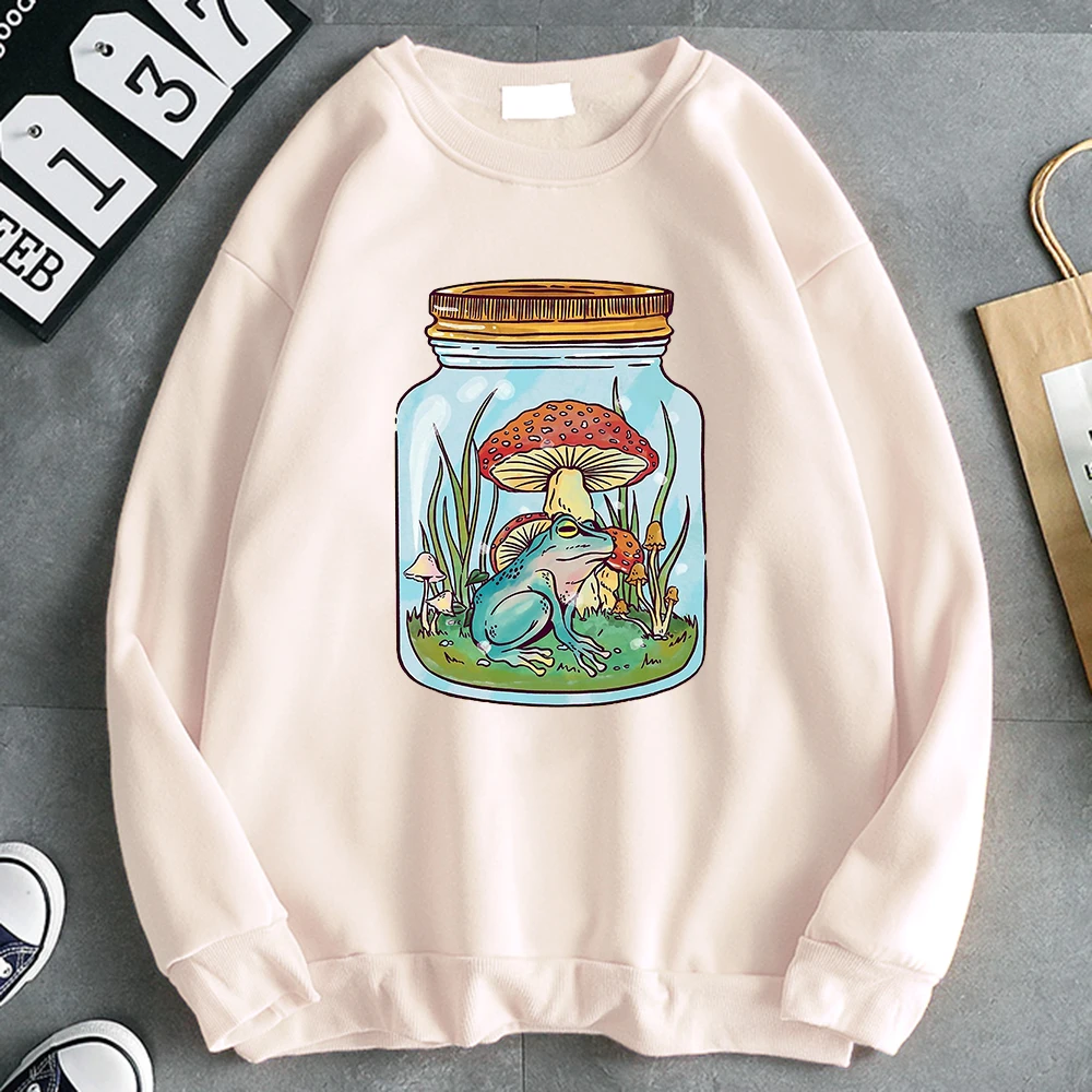 Cottagecore Cute Frog With Mushrooms In Mason Jar Men Clothing Crewneck