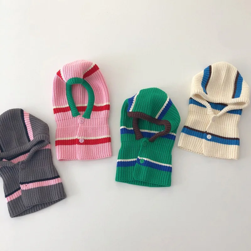 Winter Warm Baby One Piece Scarf Cap 3-6year Kid Ear Protection Knit Hat Korean Stripe Children Balaclava Headgear Hooded Beanie 6