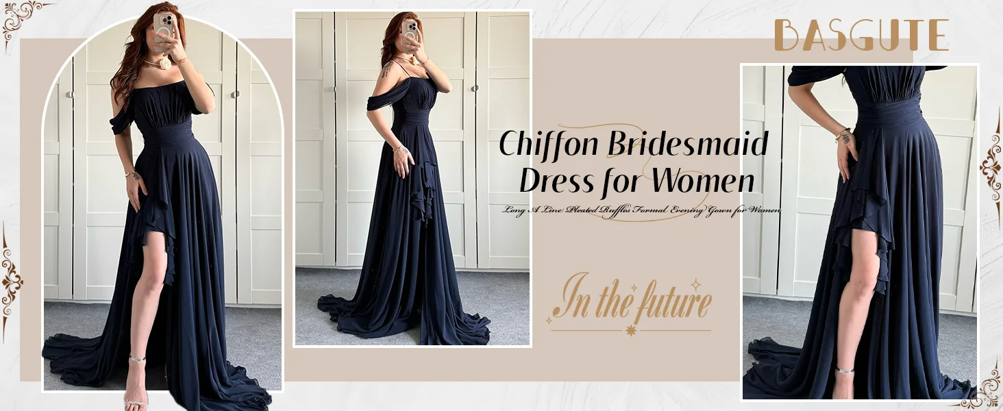 Schulterfreies Chiffon-Brautjungfernkleid mit Schlitz, lang, A-Linie, plissiert, formelles Abendkleid