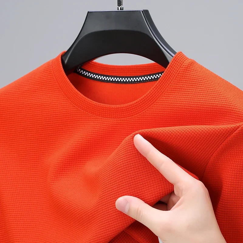 2024 남성용 와플 라운드넥 반팔 티셔츠, 편안한 상의, 여름 신상 