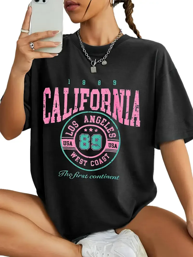 T-Shirt aus 100 % Baumwolle, Rundhalsausschnitt, California Los Angeles, Damenmode, lässiges T-Shirt, künstlerischer Druck, Sommer-Top-T-Shirt