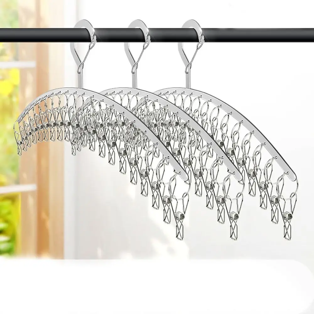 New Curved Stainless Steel Hanger Windproof Space Saving Multi Clip Hanger Flat Strip Silver Balcony Clothes Hanger Home 5