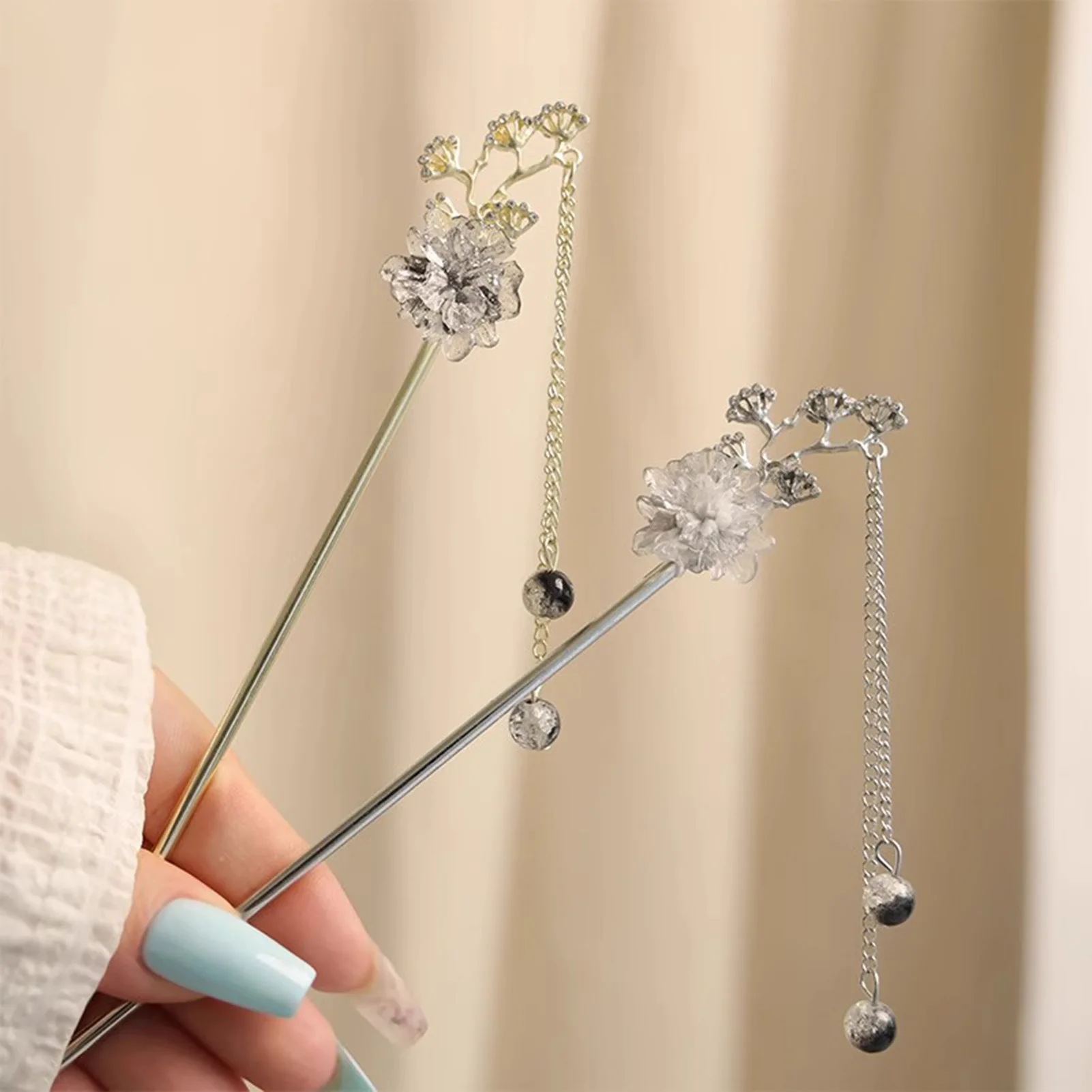 Elegante Blumen-Haarnadeln, Haarklammern aus Legierung mit Perlen-Ketten-Anhänger, Retro Chinesischer Haarschmuck für Frauen – Detail 8