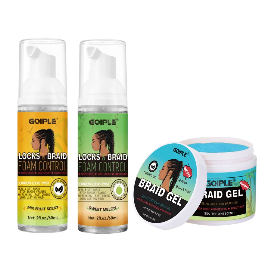 Locks & Braid Foam Control 2pcs 60ml and Tea Tree Mint Scent Braid Gel Strong Hold Styling Loc Twist Foam Mousse 100g