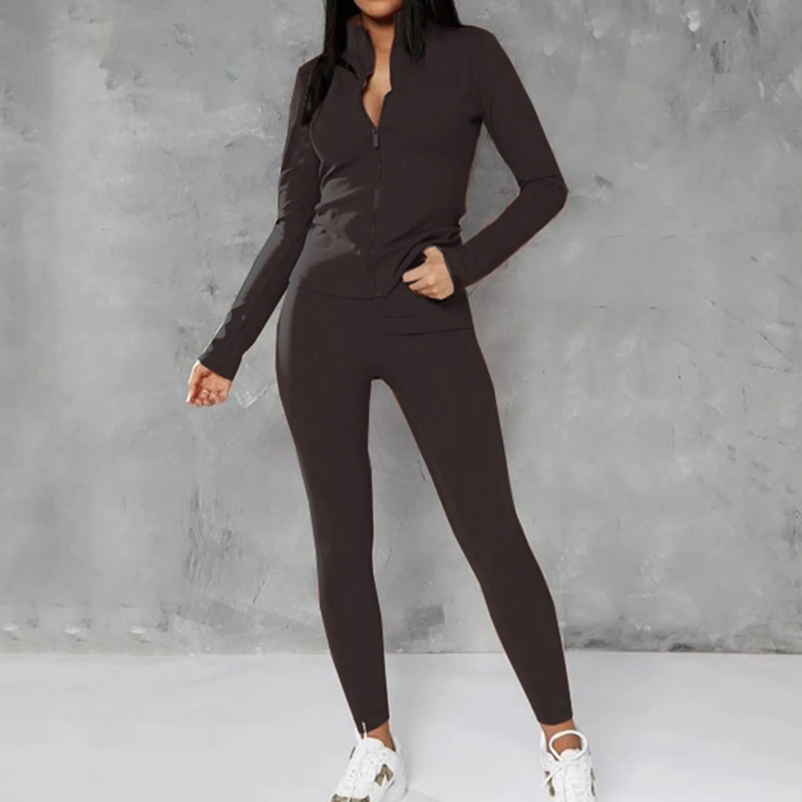 

Women Long Sleeve Yoga Sets Solid Color Zipper Quick Dry Fitness Gym Coat Elastic Long Pants Running Sport Activewear Outfits