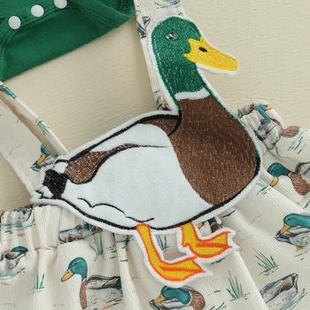 Adorable Baby Girl Summer Outfits with Cute Duck Print Suspender Skirt Romper and Headband - 3 Piece Set for a Stylish Look 1