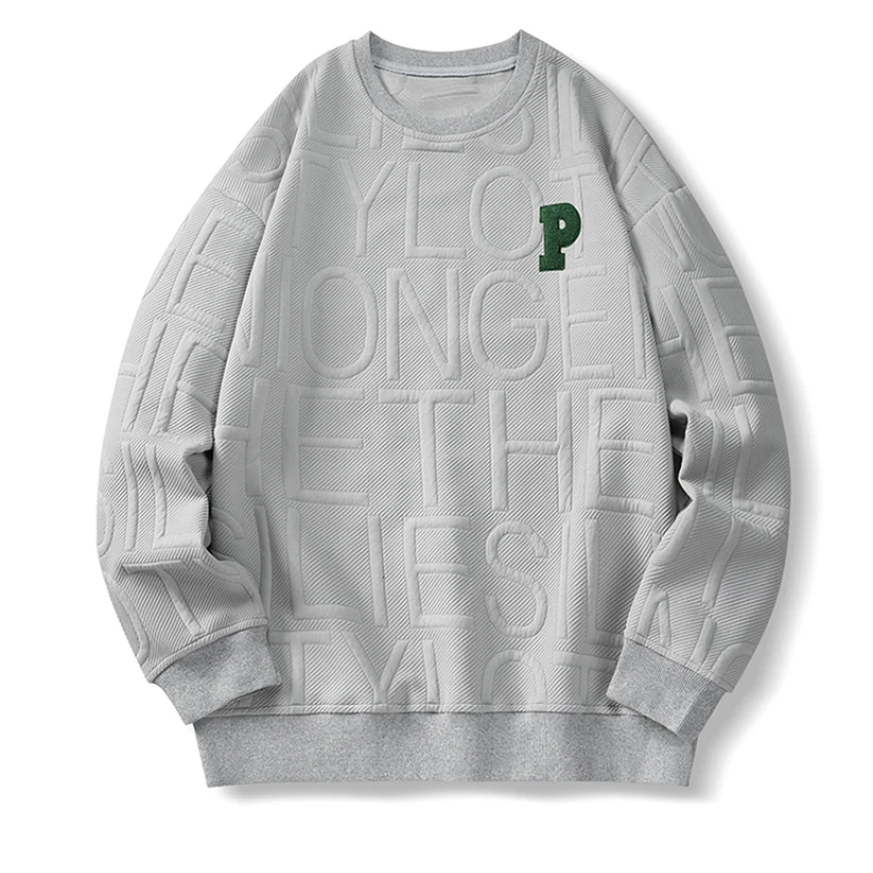 O-neck Men's Sweatshirt Autumn Embroidered Letter Long Sleeve Solid Color Loose Pullover Korean Casual High Street Male Hoodies