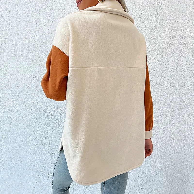 Women's 2023 Autumn and Winter Stitching Woolen Retro Polar Fleece Lapel Thick Coat шерстяное пальто