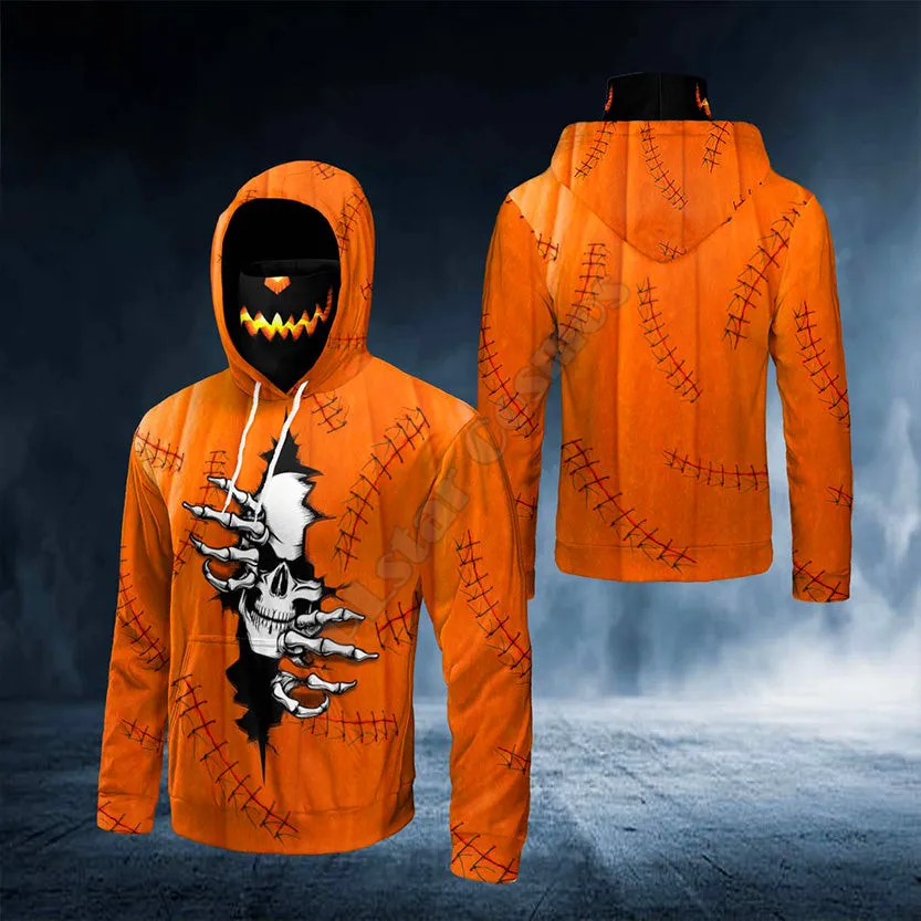 PLstar Cosmos Ghost Smile Halloween Skull 3D Printed Bandana Hoodie US Size Women For Men Casual Pullover Hoodie Mask Warm