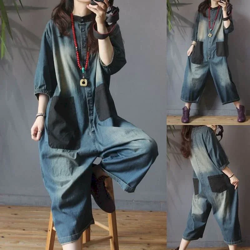 Macacão de perna larga jeans vintage feminino, tamanho grande, grande, bolso de remendo, tendência, solto, roupa de uma peça, patchwork, novo