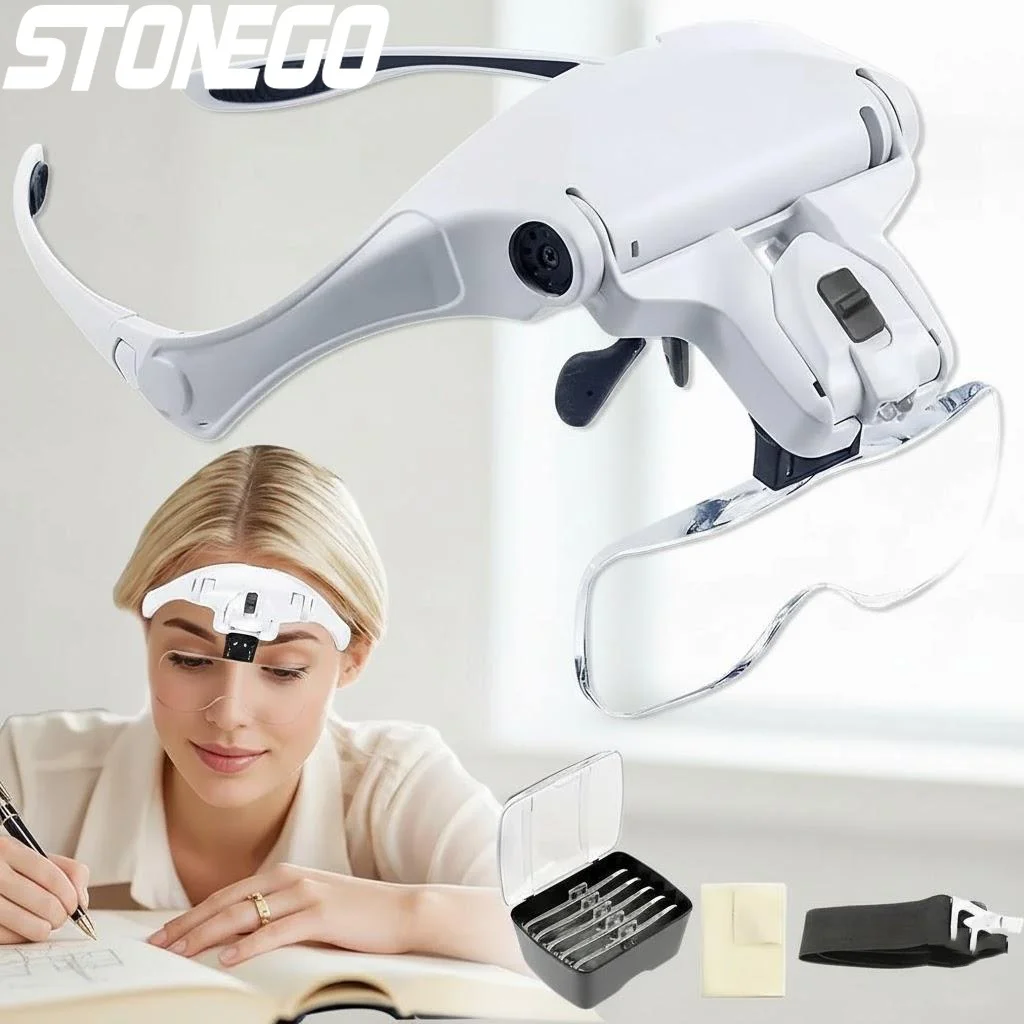LED Head-Mounted Magnifier with Adjustable Lenses and Comfortable Headband