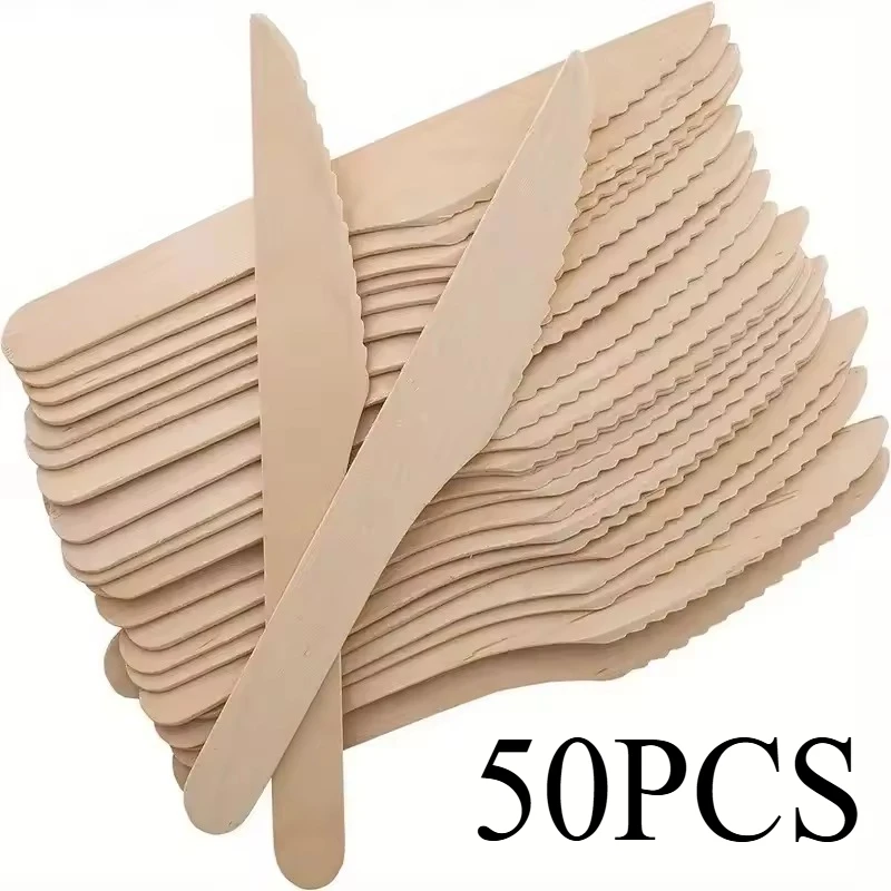 50PCS Disposable Wooden Knife Wooden Knives Picnic Dessert Cake Pizza Ice Cream Kitchen Restaurant Rustic Wedding Birthday Party