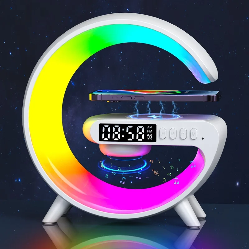 15W Multi Wireless Charger Alarm Clock Speaker Smart Rgb Atmosphere Night Light Stazione Di Ricarica Per Iphone 12 13 14 15 Samsung