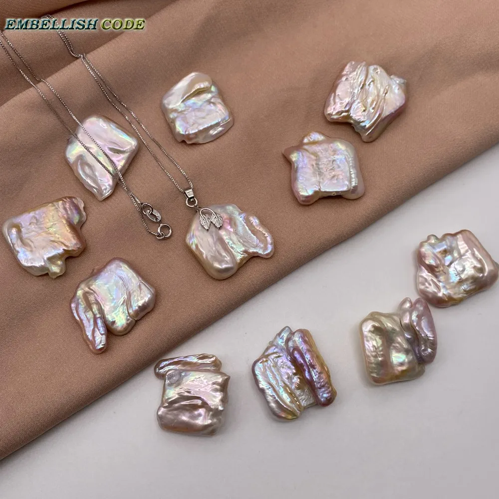 20mm-25mm Baroque Irregular Pearl Charming Pendant White Peach Flat Rectangle Box Chain 16'' 18inch