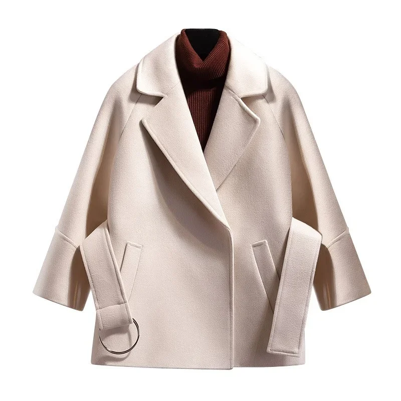 Khaki Blends Coats Autumn Winter Warm Casual Outwear Office Lady Solid Colors Big Sashes Pockets Lapel Jackets Overcoats Cloaks