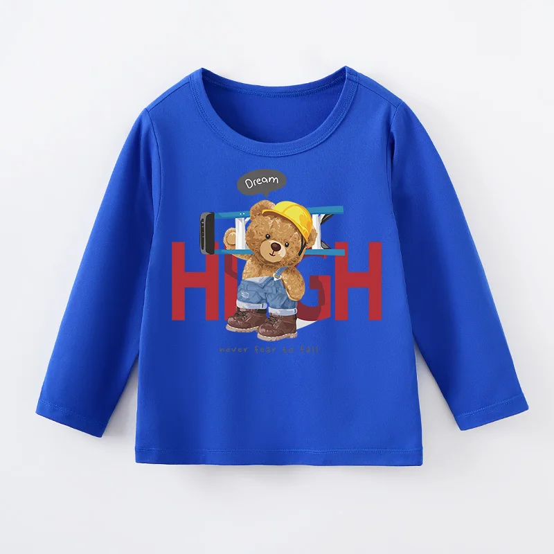 Boys' Blue Long Sleeved T-Shirt With Round Neck Children's Cartoon Ladder Bear Comfortable Spring And Autumn Baby Top