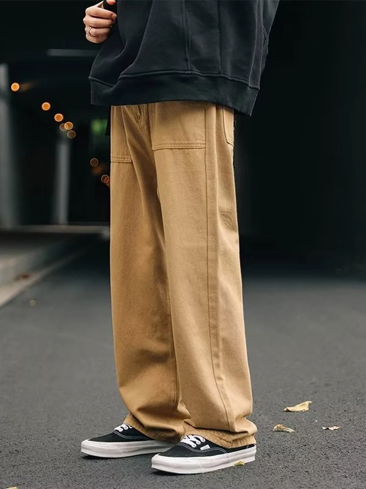 

Khaki -colored Worker Trousers Retro Loose Trend Loose Straight Leisure Pants Solid Color Straight Jogging Pants Street Clothing