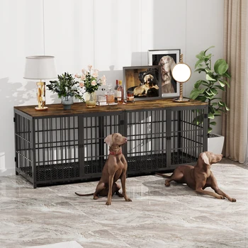 Dog Crate Furniture Pet Kennel End Table Metal Dog Kennel with Three Doors with Locks and Removable Tray, White/Black 2