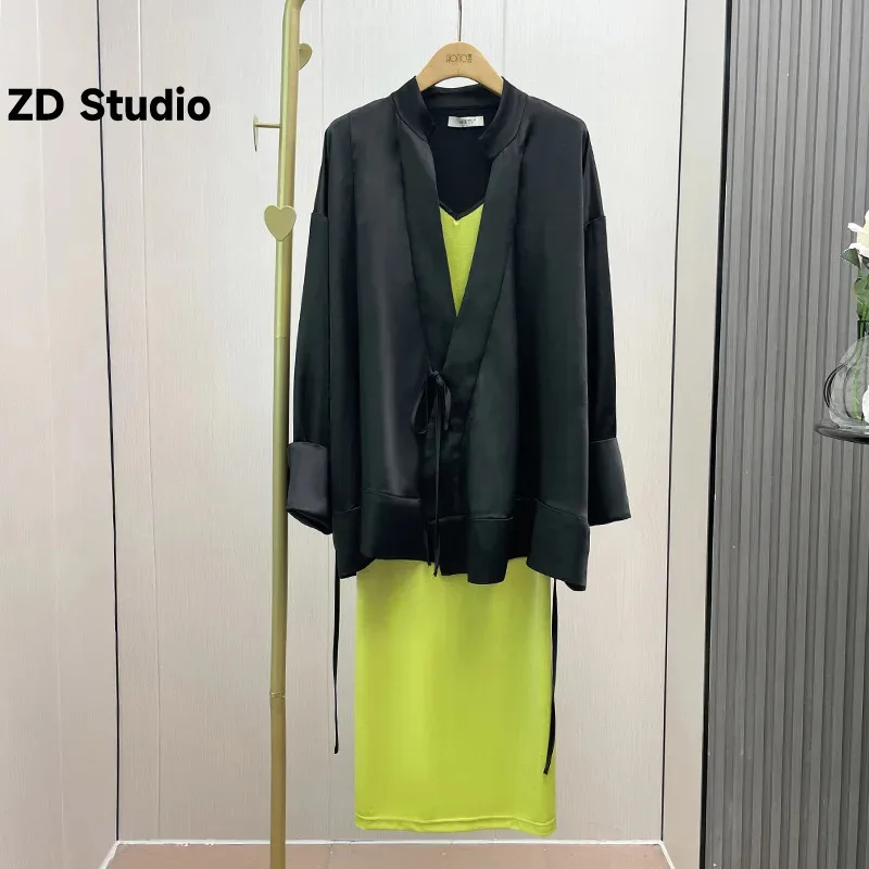 

[ZD Studio] 2023 Autumn Chinese Style Black Shirt With Avocado Sling Dress Casual Set