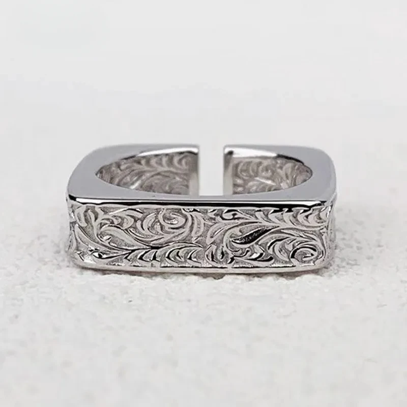

NEW S925 Silver Retro Luxury China-Chic Style Wide Version Tang Grass Pattern Ring Male And Female Gift