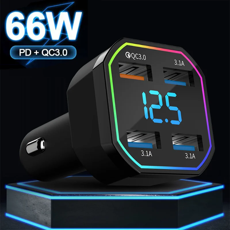 

66W QC3.0 4 Ports USB Fast Charging Car Charger PD Type C for IPhone 13 Pro Xiaomi Huawei Samsung Adapter Chargers