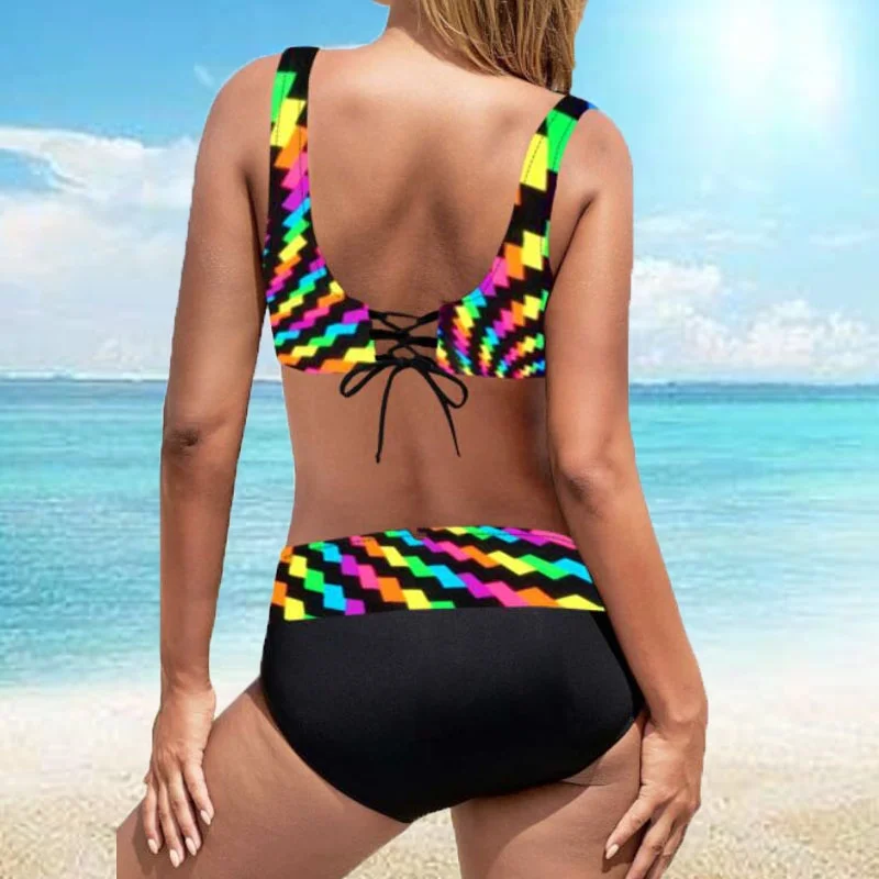 Women's Casual Fashion Vacation Swimsuit Two-piece Set, Summer Seaside Swimming Pool Color Water Ripple Print Beach Bikini S-5XL