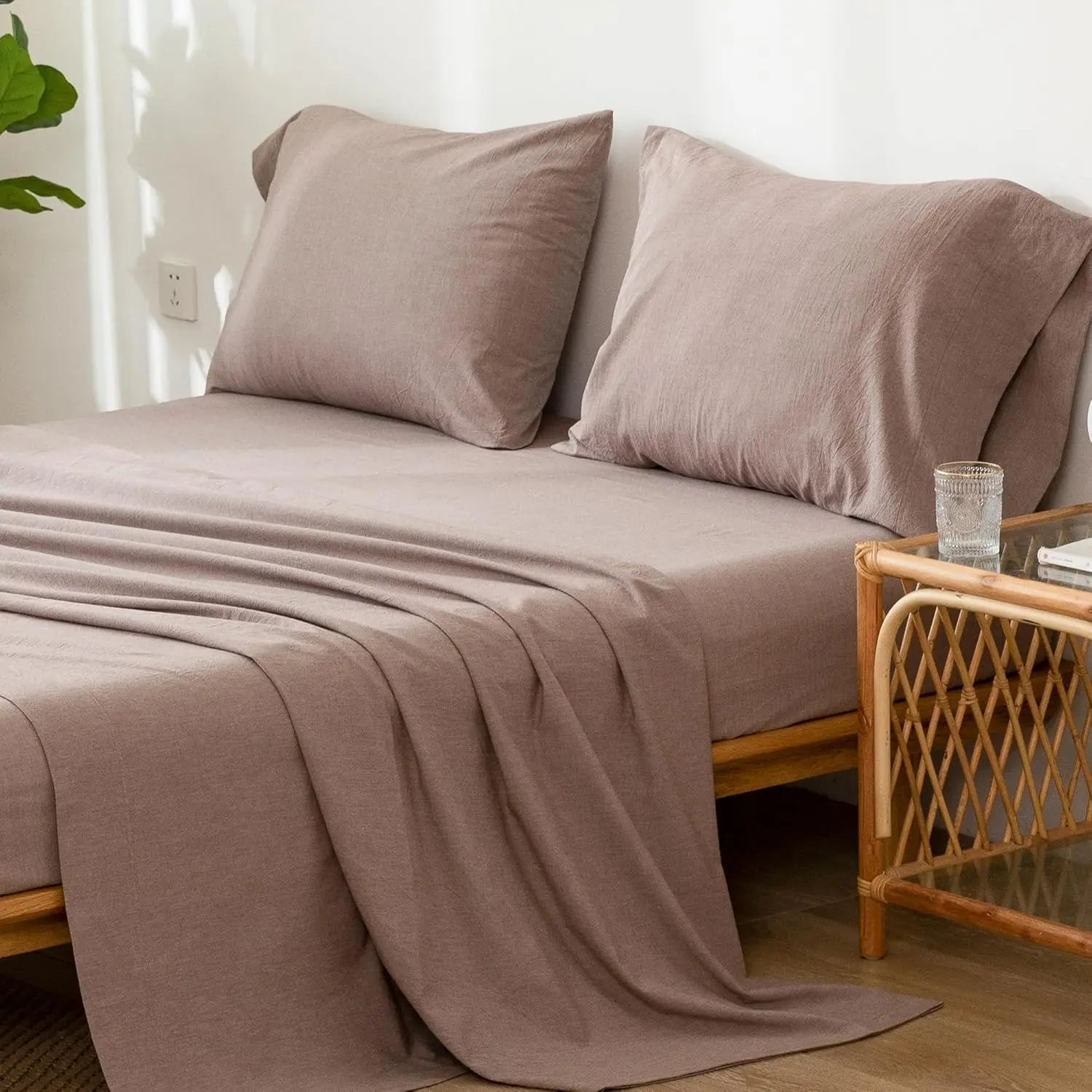 MooMee Bedding Sheet Set 100% Washed Cotton Linen Like Textured Breathable Durable Soft Comfy (Mauve Brown, King) 3