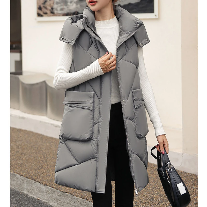 Autumn Winter Women Korean Fashion Sleeveless Down Cotton Padded Vest Coat Casual Loose Zipper Hooded Jacket Mid Length Parkas