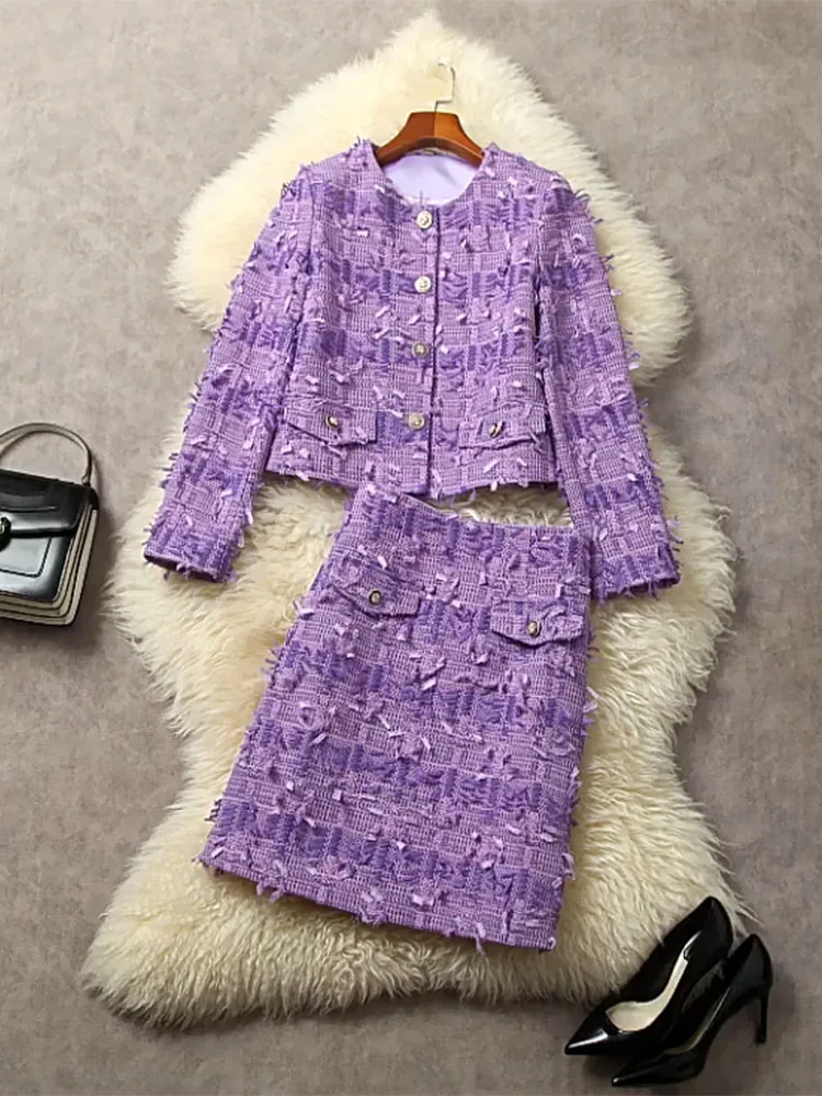 Tesco Purple Blazer Suit Set for Ladies High waist Skirt Suit Set for Office Lady Solid Tassel Suit For Party ropa de mujer