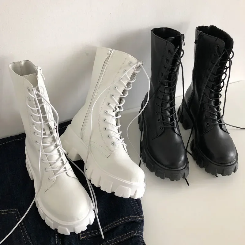 

New Mid Calf Boots Women Autumn Winter Fashion Lace-up Ladies Chelsea Zipper Botas Mujer Boots Sports Platform Heel Ladies Shoes