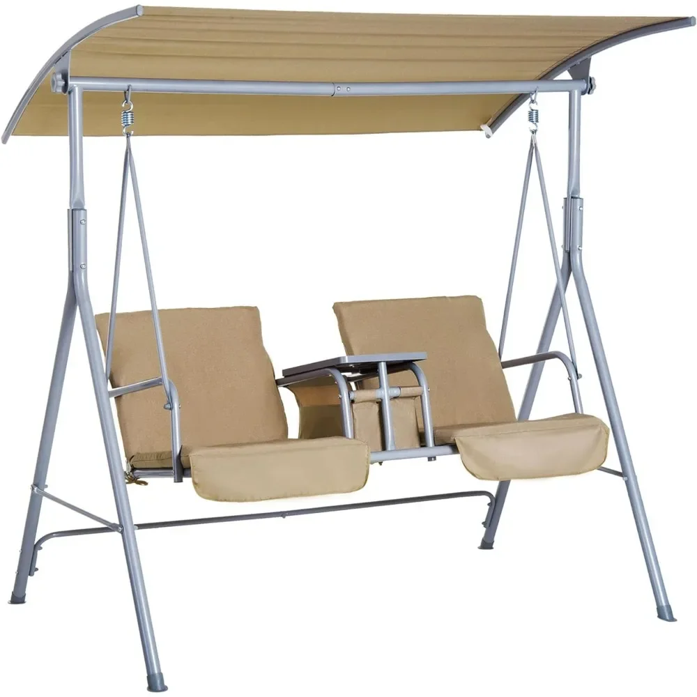 

Outsunny 2 Person Porch Swing with Stand and Canopy, Pivot Storage Table, 2 Cup Holders, Cushions for Patio, Outdoor Swing
