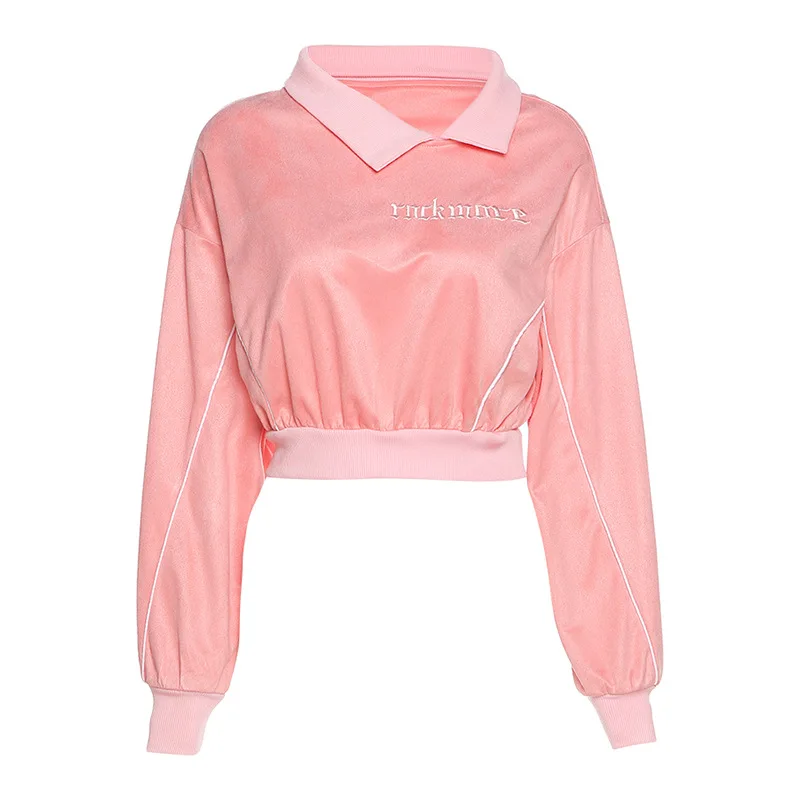 2023 Fall Winter Loose Fashion Letter Embroidery Long-sleeved Pink Pullover Women New Solid Color High Waist Hoodies Sweatshirt