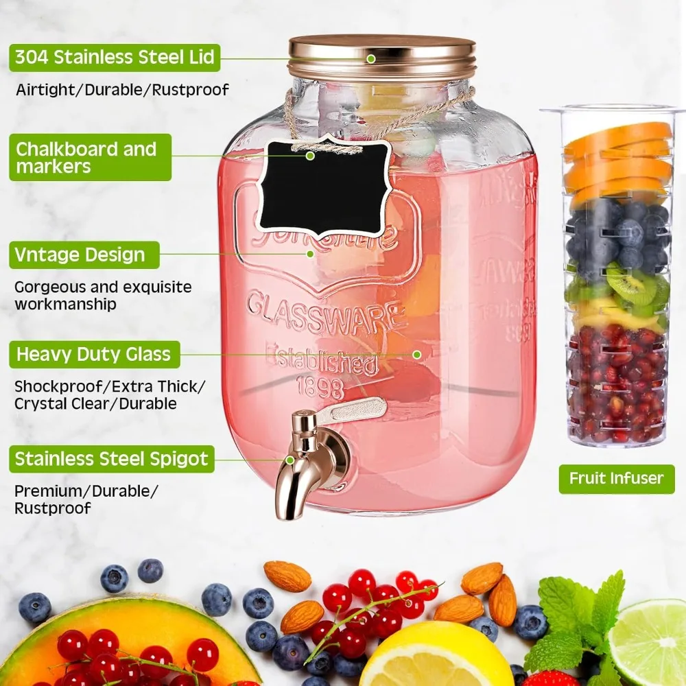 3 pcs 2 gallon glass drink dispenser with stand and lid mason jar beverage dispenser with stainless steel spigot, hanging chalk