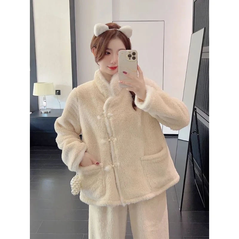 2024 New Chinese Style Coral Velvet Pajamas Women's Winter Flannel Ancient Style Sleepwear Plush Thickened Long Sleeved Homewear
