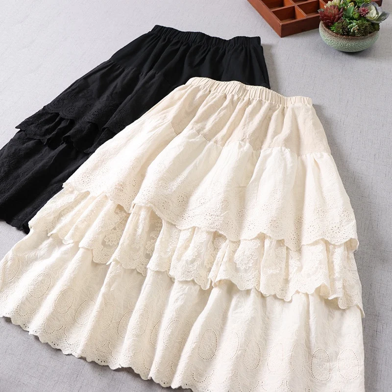 TIYIHAILEY Free Shipping Cotton And Linen Women Skirt Summer Mid-Calf Elastic Waist White A-line Embroidery Flowers Japan Style