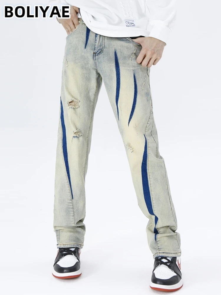 

Boliyae Straight Jeans Men Baggy Y2k Washed Ripped Denim Trousers Streetwear Hip Hop Vintage Loose Wide Leg Jean Pants Spring