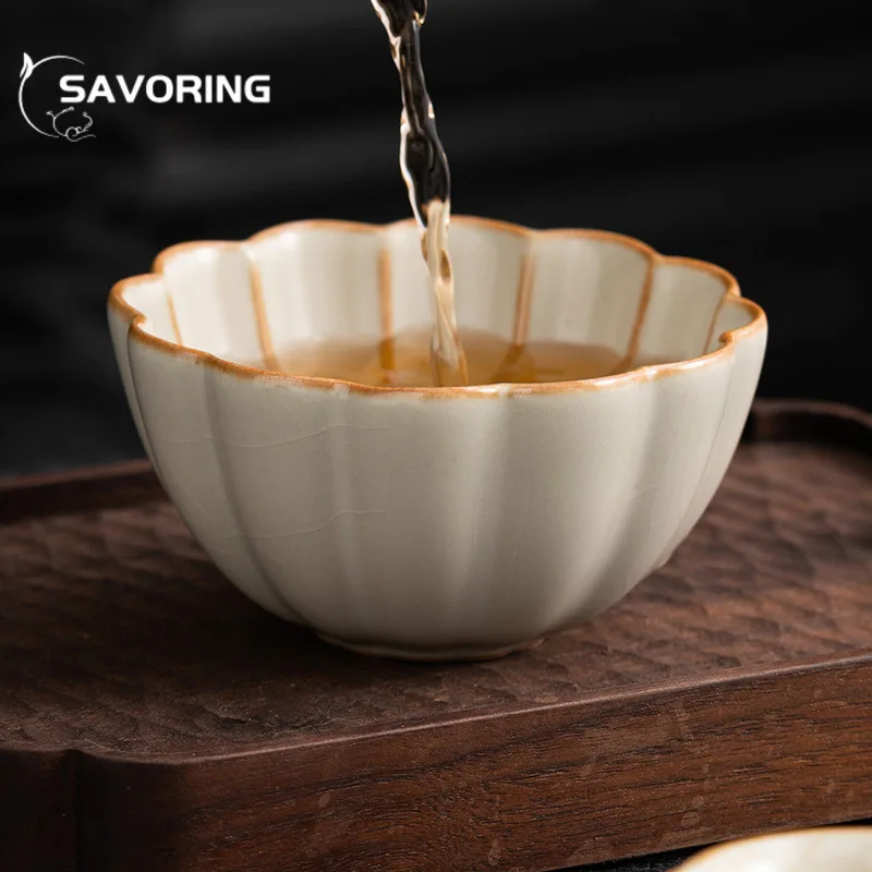 Retro Ru Kiln Porcelain Teacup Creative Opening Tea Bowl Beautiful Petal Tea Cup Smelling Cup Master Cups Tableware Decoration