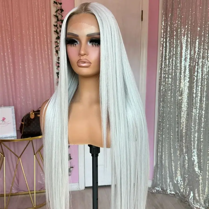 White Platinum Long Straight Human Hair Blended Synthetic Fibers Heat Resistant HD Transparent Lace Front Wig 180% Density 36''