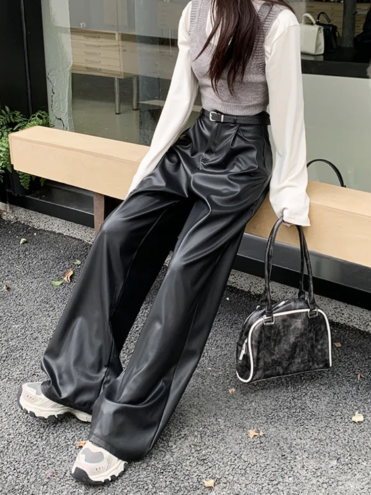 High end black PU leather pants casual pants for women's autumn and winter 2023 new high waisted loose wide leg pants straight
