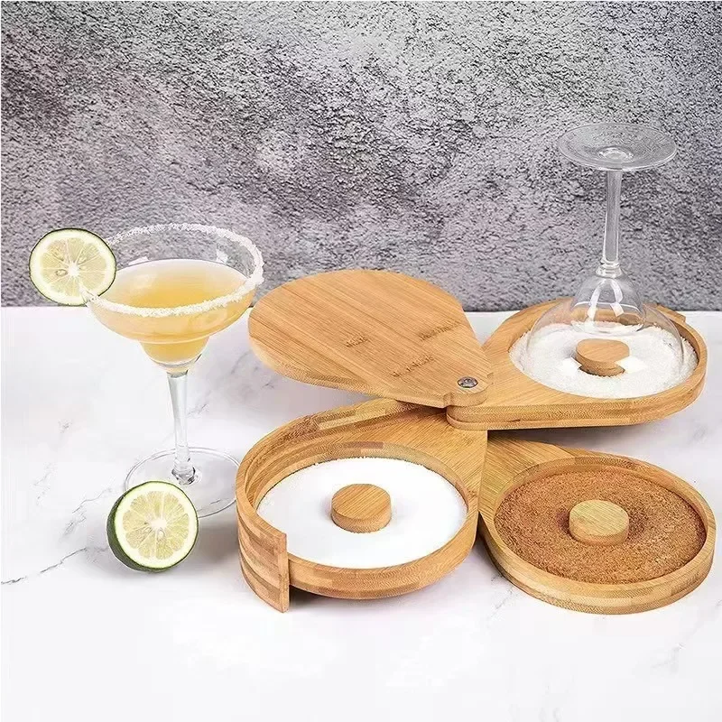 3 Tier Bamboo Rotating Salt Rimmer Box Seasoning Jar Salt Dipper Sugar Rim Box Juice Cocktail Seasoning Bartender Tool