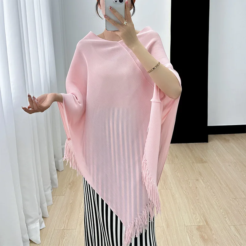 

Miyake A-line Loose Slim Top Women's Design Sense Niche Fringe Comfortable T-Shirt Short Sleeves Mid-Length 2023Summer New Shawl