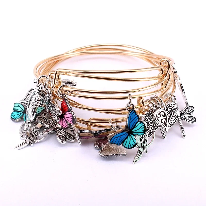 Bangle Bracelet 5pcs Bangle Set Wire Bracelets for Women Girls Jewelry Butterfly Parrot Dragonfly Love Heart Charms
